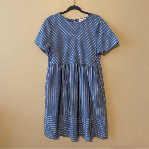 Ces Femme Dresses & Skirts - Women Blue White Striped Baby Doll Dress w/Pockets